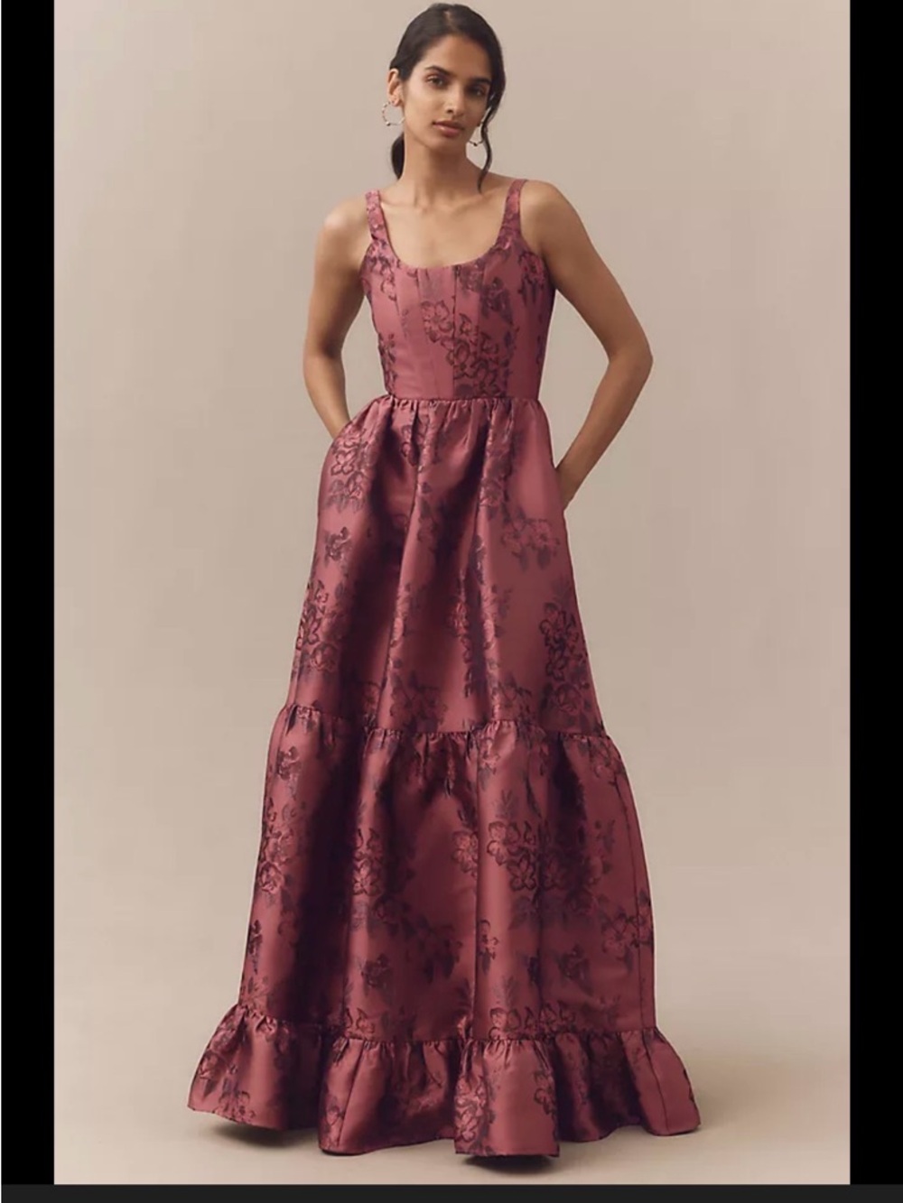 V. Chapman Avery Scoop Neck Tiered Brocade Rose-Mauve Floral Maxi Dress